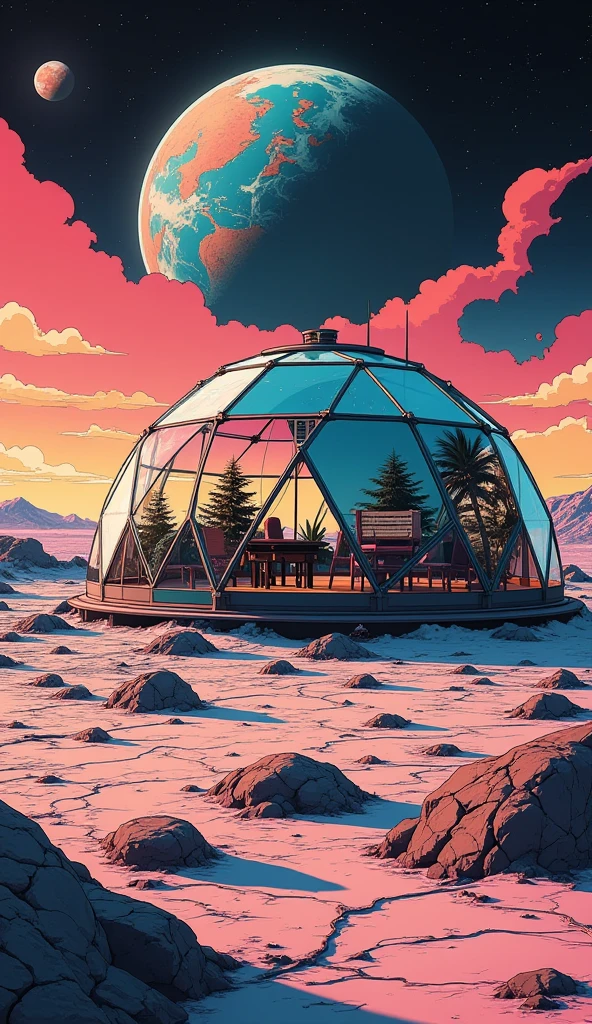 a spherical glass dome on the moon drawn in the style of synthwave. glass dome has triangular glass panels that forms the hemispherical shape. acts as a moon base for astronauts. inside the dome, small farm can be seen. there is also a small building inside the glass dome. earth can be seen in the sky.