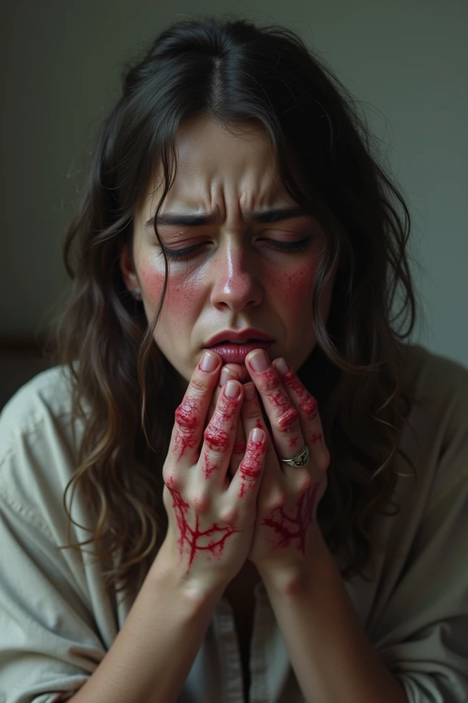 woman ,itching his skin on hand ,rashes(gentle) on hand, 