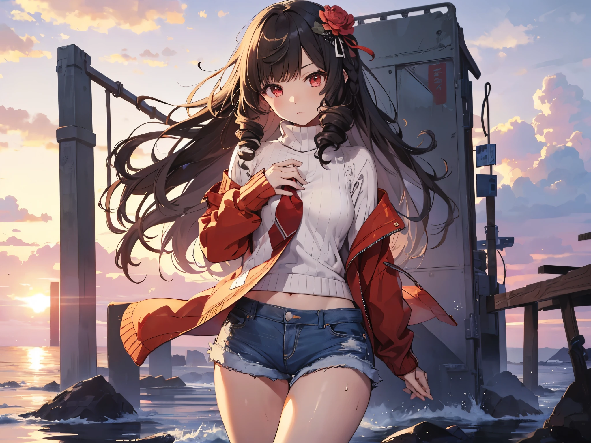 Alone,  1 girl,Human Ear、 (Red eyes)、(Short stature、 flat chested)、(Vertically wound roll、Vertical Roll、 long hair、 tie the hair on the back of the head with a big red ribbon、Flower hair ornaments on the bangs )、(Serious face)、( lie on your back on a floating mat)、(thick turtleneck cable knit sweater for winter clothes、 Denim Shorts )、(sweat)、(Sunset sky、Sunset、Evening sky、 beachside)、(The chest is the center、angled angle)、( high definition , masterpiece, accurate,  anatomically correct,  MULTIPLE AWARDS , highest quality,  Details ,  high definition model , High details , 高quality, quality,  retina,  Very detailed,  textured skin,  Ultra High Definition)