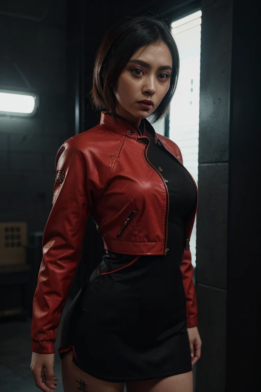 Emilia Clark in red sharp shinny jacket opened chest 1.4,leaning on a neon wall of street,high wide angel Shot:1.4, photorealistic:1.4,perfect size breast, realastic lighting effects, extreme super professional shot:1.4,full exposure of shoulders and hip