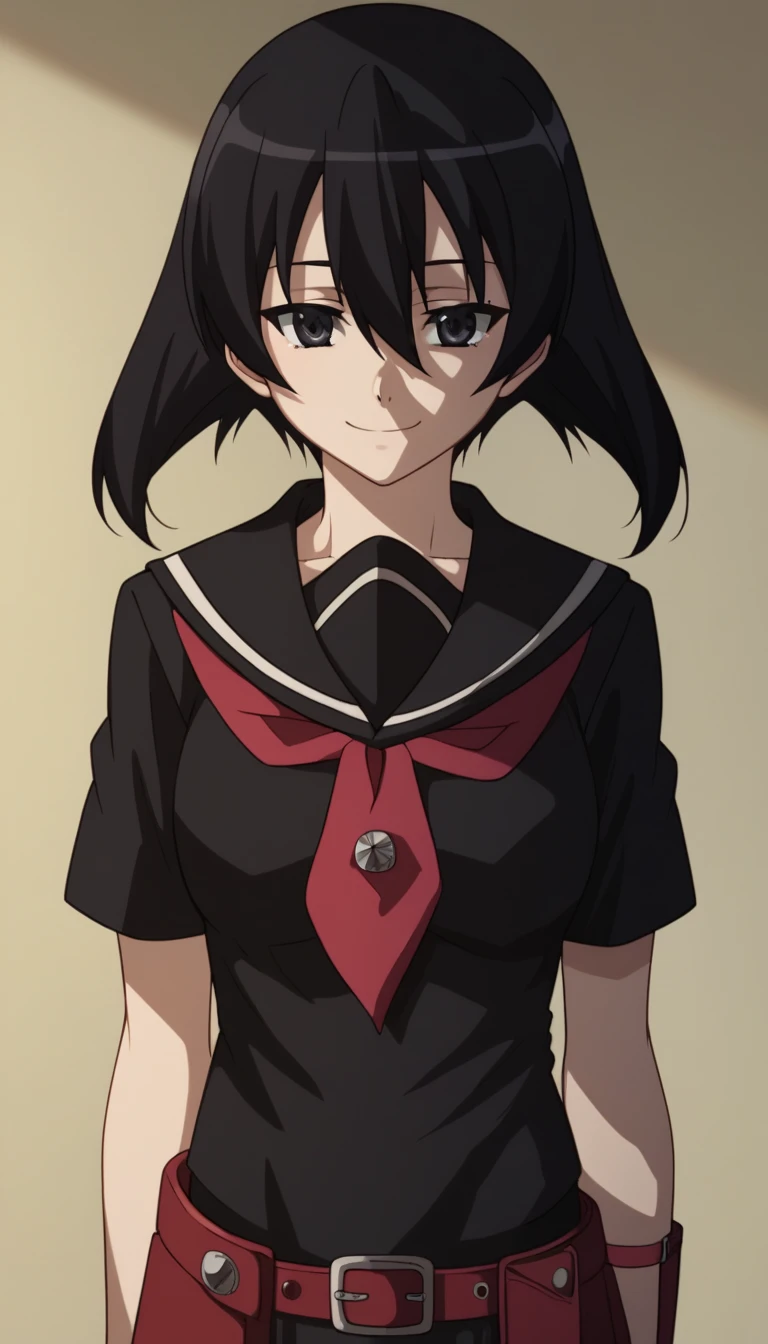 1girl,solo,kurome, short hair, black hair, black eyes, hair between eyes,skirt, school uniform, serafuku, belt, black serafuku, short sleeves, belt, black skirt, neckerchief, red neckerchief,smile face,centered shoulders up view,upper body, top half of body