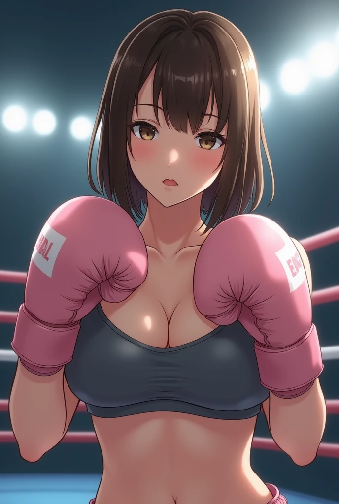  men and women ,expensive,170cm、  (Boxing Ring、Spotlight、Large crowd、Stadium), 、(Confident々Face)、Long Hair、They hesitate,Sweaty body、Wet Hair,  Underarm, Big Breasts,Realistic nipples, Realistic butt crack, Very short hair , (expensive色彩彩度:1.0),  (Very detailed肌), (Highest quality:1.0), (Ultra-high resolution:1.0) ,(Realistic:1.0), (Very detailed:1.0), (8k, RAW Photos:1.1)、(Touching your own with your hands)、Center of chest、Spread your legs、ponytail、Mai Shiranui Costume