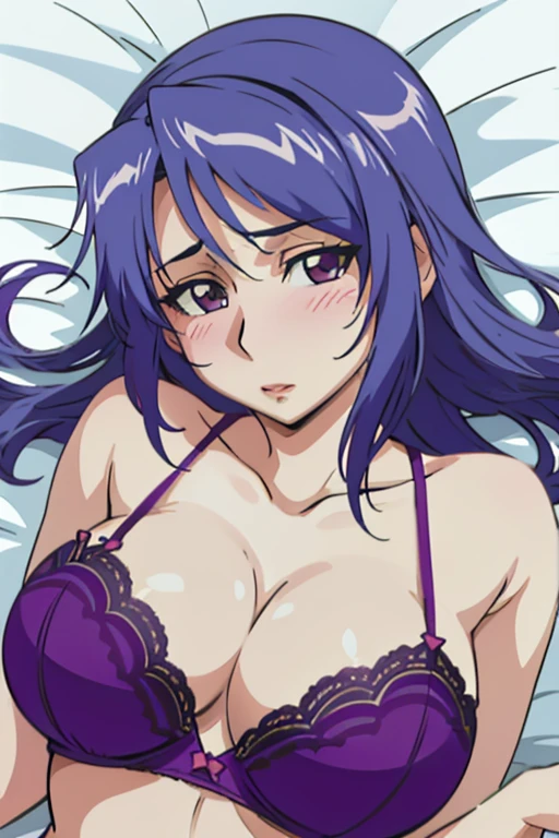 My older brother's wife is still,Mai Katsuragi/Katsuragi Mai, purple lace bra for lying on the bed, purple lace panties with a gentle look, background hotel bed ,Lying on the bed, girl, solo,  high definition ,  gaze,  smiles,  open your mouth,  anatomically correct, 最 High Quality , masterpiece, accurate,  Ultra High Definition,  High Quality ,  blush, I have blue pubic hair ,Composition Lie on your back on a , anatomically correct,  rough breathing, 