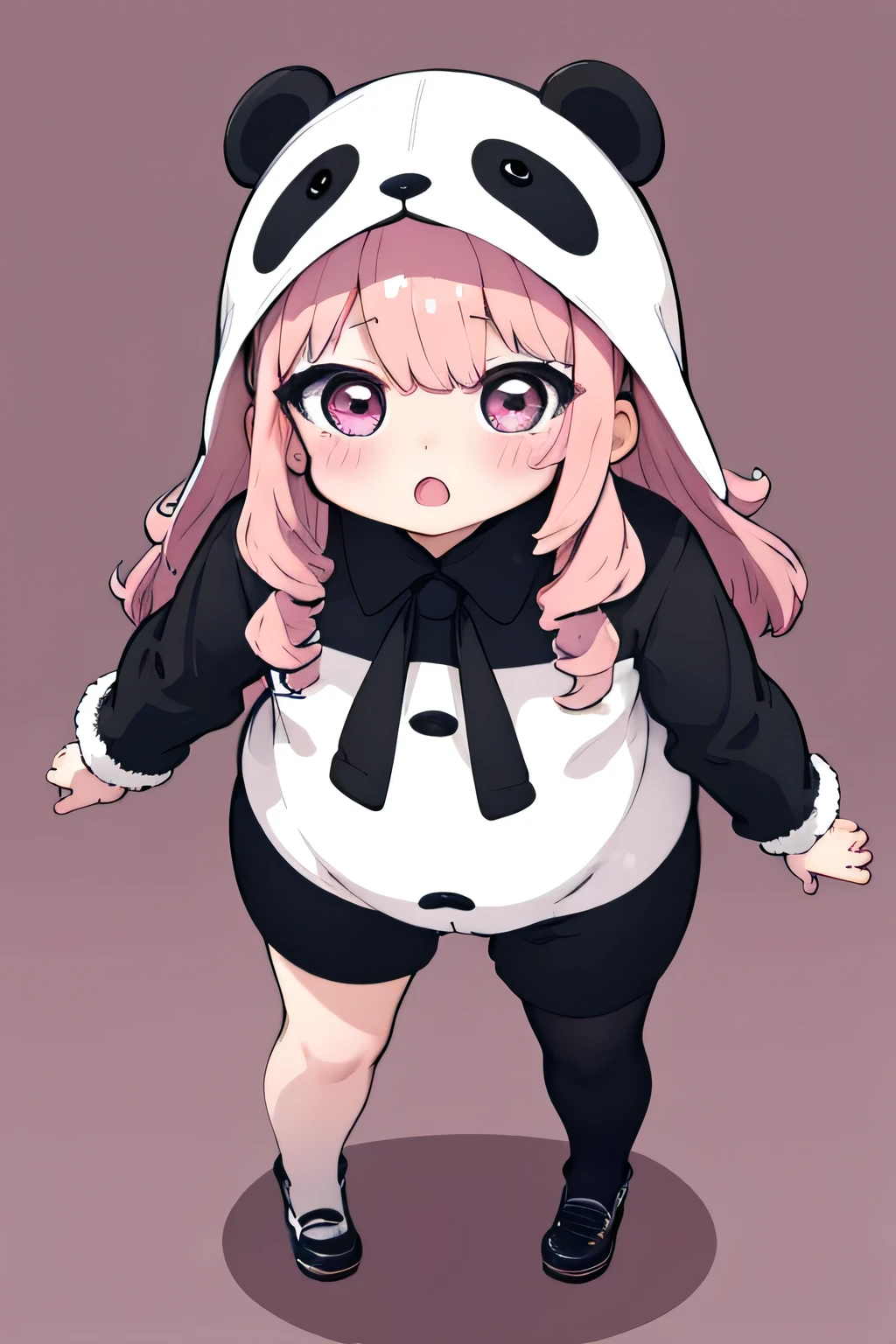 Masterpiece, Best Quality, Hi-Res, source_anime, (good_hands:0.9) , 1girl, chibi, black eyes, pink hair, curly long hair, panda costume jacket, inner pink buttoned shirt, curvy body, High Contrast Glossy Oily Skin, simple background , gray background ,leaning forward,from above.stand, blushing, shock, shy, looking at viewer, dramatic shadows, cinematic lighting, (light particles:0.8)