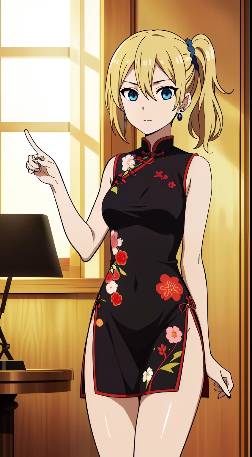 hayasaka, blonde hair, blue eyes, hair Scrunchie, side ponytail, Scrunchie, 1 girl, hair ornaments, alone, hair between eyes, (floral patterned chinese dress, sleeveless, earrings, thighs),
beautiful Finger, beautiful body, beautiful character design, perfect eyes, perfect face, expressive eyes, looking at the viewer, Show up to your knees, sexy pose, in the center of the image, official art, High Definition CG Unity, Perfect lit, bright_front_face_lit, (table top:1.0),(Highest_quality:1.0), 4k, Super detailed, photograph, 8k, nffsw, High resolution, (absurd:1.2), kodak portrait 400, film grain, Lens flare, (lively_color:1.2),  (beautiful_medium breasts:1.4), (beautiful_face:1.3),(narrow_waist),
