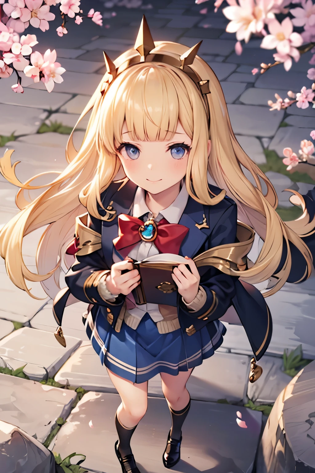 masterpiece, best quality, highly detailed, intricate details, 1girl, a girl hugging a magic book while walking on a stone-paved path, book, gbf-cagliostro, blonde hair, long hair, (blunt bangs:0.88), blue eyes, blue hairband, hair ornament, brooch, prestige school uniform, blue jacket, brown cardigan, red plaid bowtie, jewelry, blue skirt, clothing style lines, white kneehighs, black mary jane shoes, looking up, light smile, cherry blossom branches, falling cherry fetals, lawn, romantic lighting, heartwarming, from above