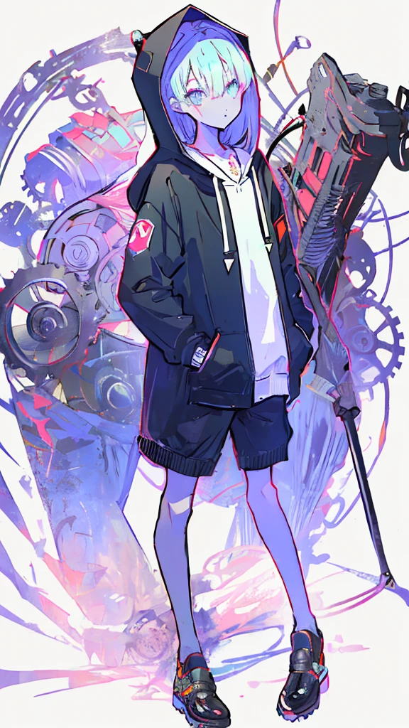 (masterpiece,  best quality:1.6), Alone, Thick outline, (pastel,  simple background, bright solid background , Monochrome,  Steampunk Costume:1.2),  Official Art,  key visual , 8k,   disorganized , whole body, (Unique Hair,  oversized hoodie,  hotpants, Arched back, Short torso:1.2), belly button, Thighs, gear,  high definition ,  sharp concentration,  high definition ,  most detailed,  Very detailed,  super detailed, finely,  Detailed Eyes and Faces ,  sharp pupils, Realistic student, Alone,  green and white contrast, Alone,  Put Your Hand in Your Pocket、 boys、Clear contours