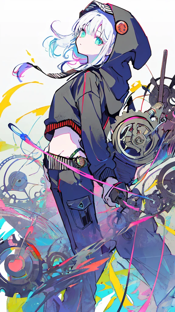 (masterpiece,  best quality:1.6), Alone, Thick outline, (pastel,  simple background, bright solid background , Monochrome,  Steampunk Costume:1.2),  Official Art,  key visual , 8k,   disorganized , whole body, (Unique Hair,  oversized hoodie,  hotpants, Arched back, Short torso:1.2), belly button, Thighs, gear,  high definition ,  sharp concentration,  high definition ,  most detailed,  Very detailed,  super detailed, finely,  Detailed Eyes and Faces ,  sharp pupils, Realistic student, Alone,  green and white contrast, Alone,  Put Your Hand in Your Pocket、 boys、Clear contours