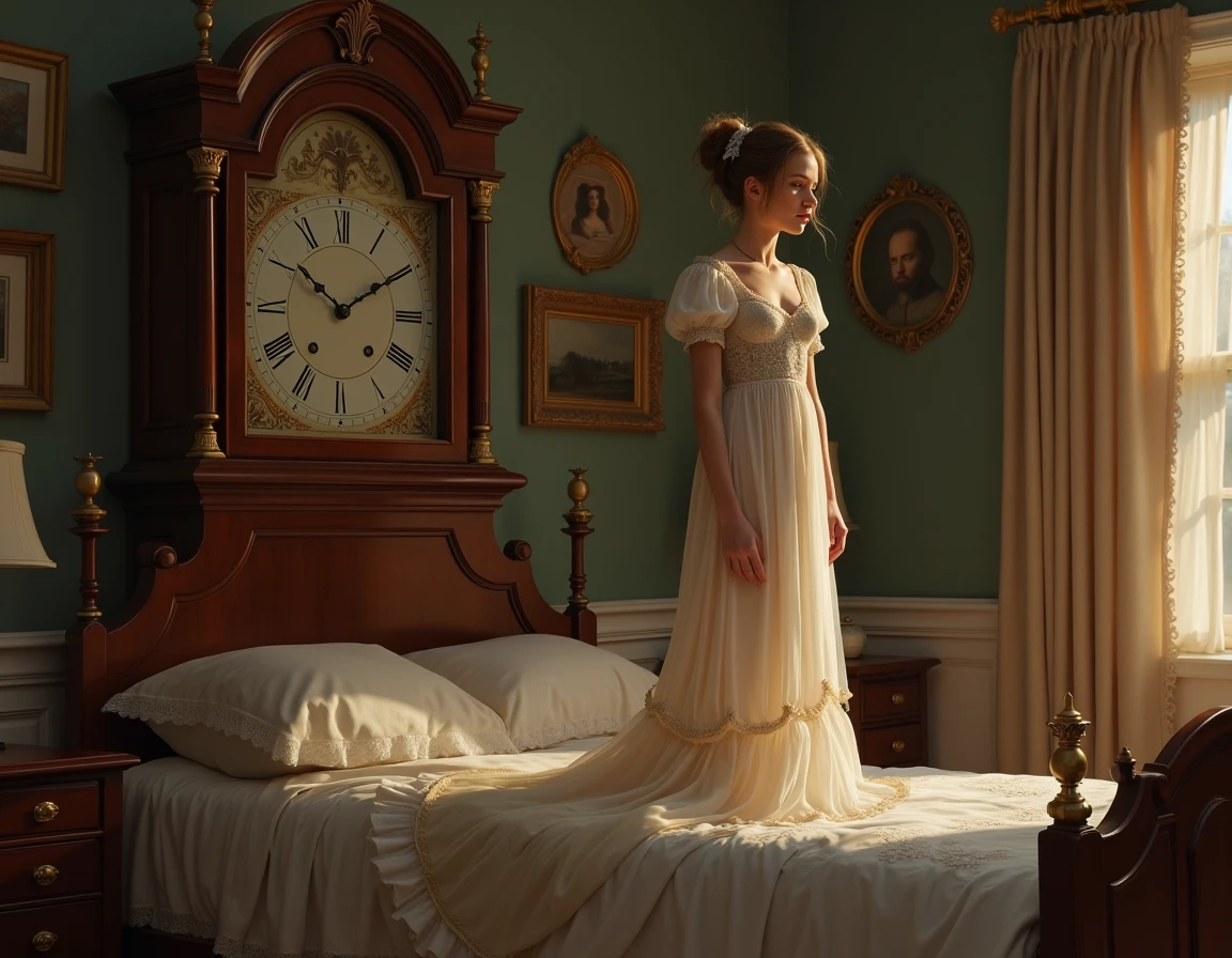 Sublime woman completely lying on a bed, she is dressed in a slit gala dress , elle dors paisiblement en faisant de doux rêves, poetic and romantic work, very detailed dress, very long hair sublime and very detailed, play of light and shadow projected onto the bed with a lace effect, (official art, 8k wallpaper, full length, ultra detailed, beautiful and aesthetic, masterpiece, best quality, realistic, extremely detailed, dynamic angle), modern decors