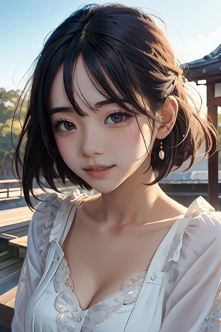 High Resolution, Masterpiece, High Quality, High Definition, Focus on Face of One Young Woman, Human Figure, Overlooking Large Forest from Back, Mountain Landscape, Forest, Nature, River