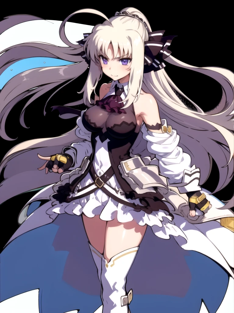 indoor, Arena, full body,
did_BJ,  1 girl, (( thigh-length boots )), Long Hair,  purple eyes,  ascot, breast, Gloves,  watching viewers, ((white  thigh-length boots)),  Ahoge, fingerless Gloves, Absolute territory,  bare shoulders,  standing, very Long Hair, Clenched hands,  skirt,  dress, black Gloves, medium breast, ribbon, black  ascot ,  hair ribbon, hair bow,  ponytail, bow, bangs,  Puff Sleeves,
