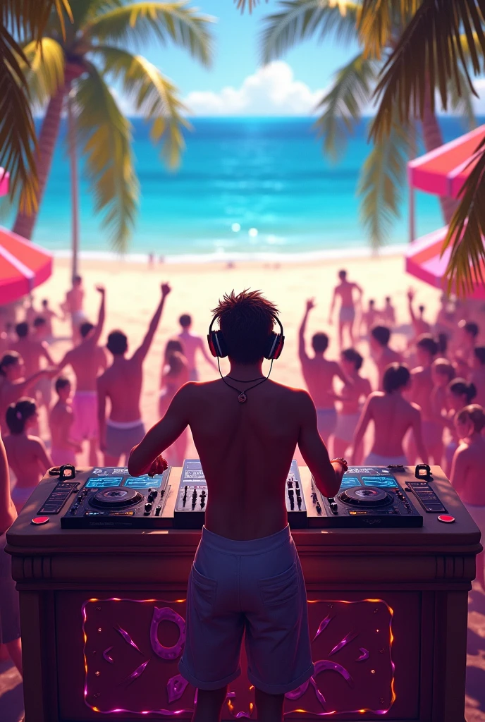(best quality, ultra-detailed, realistic, vibrant colors) beach party at sunset: first plant: a DJ turntable with a girl Dj with pink hair DJ headset on the ears. background: crowd in jubilation. bright spot of colors, confetti, summer vibes, sandy beach, crystal clear water, palm trees, tropical drinks, pool, beach chairs, sun, cheerful atmosphere, festive decorations, glittering sunsets, bonfire at night, fireworks, exotic cocktails, tropical fruits, ice cream, barbecue, acoustic music, lively DJ, party games, laughter and cheering, memorable moments, friendship.