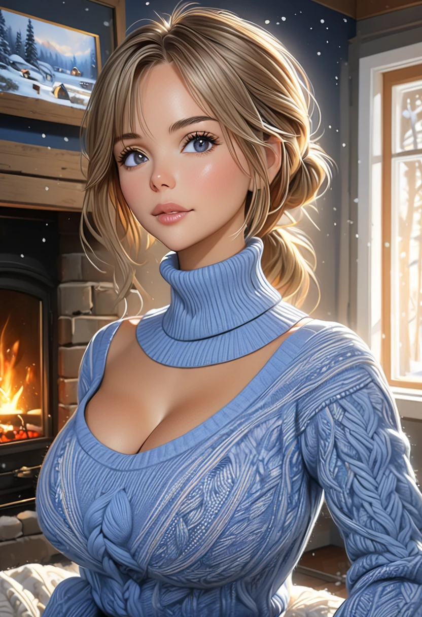 A Nubile, Sultry And Alluring needy Woman Who Is Stting In Front Of A Stone Fireplace Wearing A Tight Cozy Navy Blue Knitted Sweater. B-Cup. cleavage. cute pose. A Cute Skirt With Leggings The Scene Is Cosy And Hygge. Snowing Outside. The Medium Used To Depict This Artwork Is Oil Painting, Ensuring A High-Quality And Detailed Result. The Painting Style Is Realistic And Photorealistic, With Vivid Colors And Sharp Focus. The Overall Lighting Is Well-Balanced, Illuminating The Scene Beautifully. Stunningly beautiful merge of Ana De Armas and Traylor Howard . symmetrical face, photorealistic, photography, path tracing
