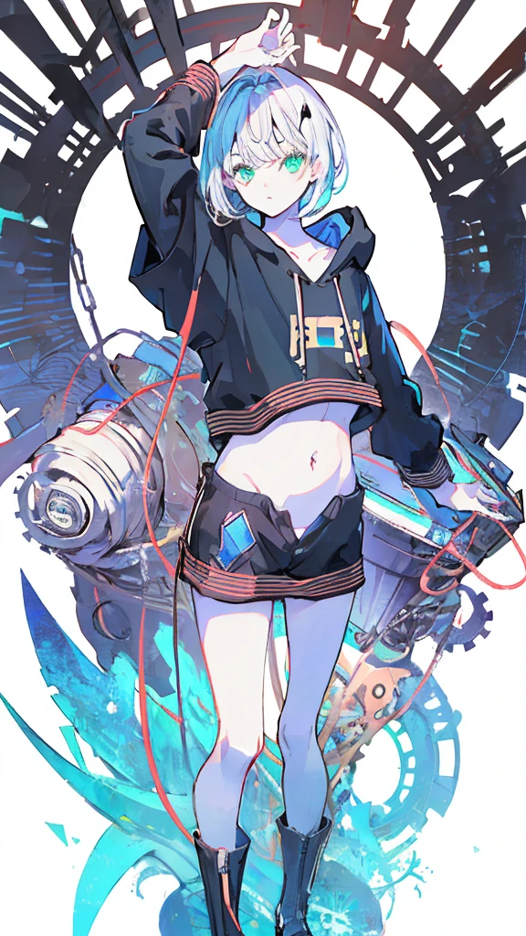 (masterpiece,  best quality:1.6), Alone, Thick outline, (pastel,  simple background, bright solid background , Monochrome,  Steampunk Costume:1.2),  Official Art,  key visual , 8k,   disorganized , whole body, (Unique Hair,  oversized hoodie,  hotpants, Arched back, Short torso:1.2), belly button, Thighs, gear,  high definition ,  sharp concentration,  high definition ,  most detailed,  Very detailed,  super detailed, finely,  Detailed Eyes and Faces ,  sharp pupils, Realistic student, Alone,  green and white contrast, Alone,  Put Your Hand in Your Pocket、 boys、Clear contours