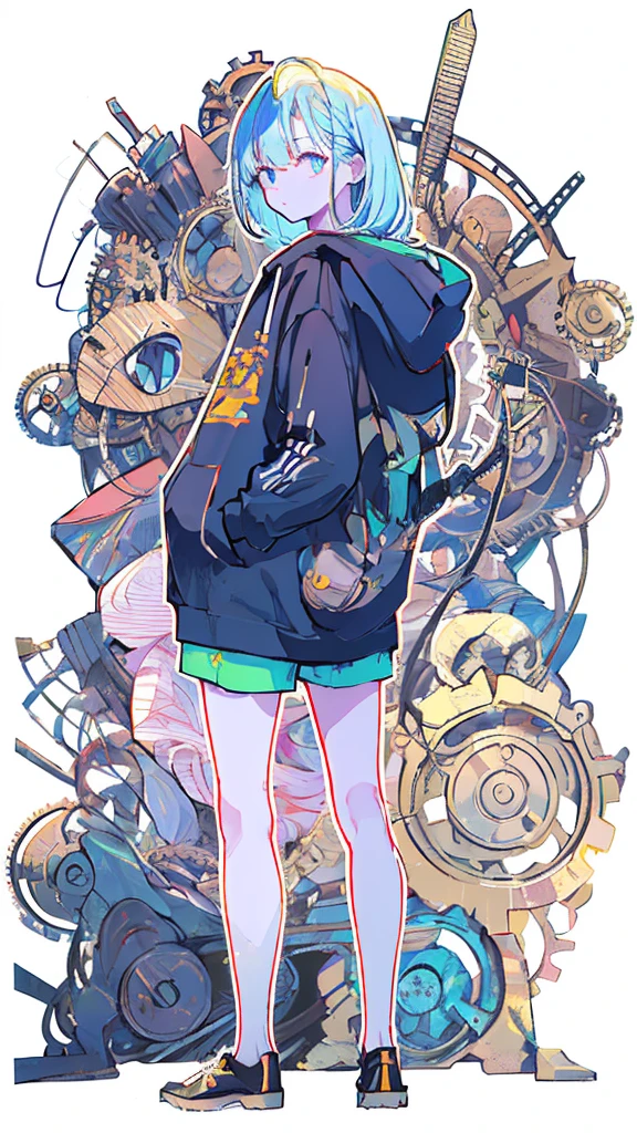 (masterpiece,  best quality:1.6), Alone, Thick outline, (pastel,  simple background, bright solid background , Monochrome,  Steampunk Costume:1.2),  Official Art,  key visual , 8k,   disorganized , whole body, (Unique Hair,  oversized hoodie,  hotpants, Arched back, Short torso:1.2), belly button, Thighs, gear,  high definition ,  sharp concentration,  high definition ,  most detailed,  Very detailed,  super detailed, finely,  Detailed Eyes and Faces ,  sharp pupils, Realistic student, Alone,  green and white contrast, Alone,  Put Your Hand in Your Pocket、 boys、Clear contours