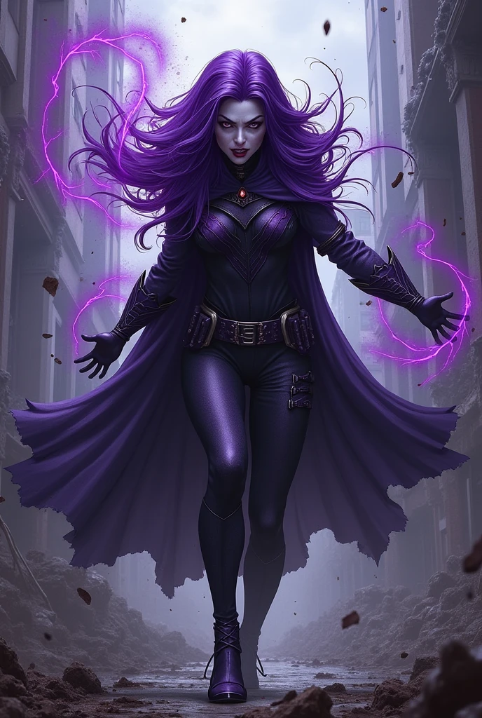Dark purple haired villainess with magnetic powers, wearing a skintight purple and green costume and destroying a factory. Blue eyes, glossy red lips. Evil smirk. Evil wins. Humans dying.