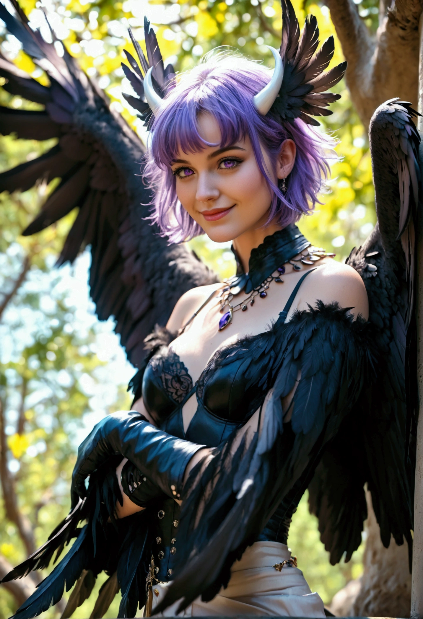 Vulture Raven, 1girl, white horns, black vulture wings, purple_hair, vulture, gloves, purple_eyes, vulture, short_hair, solo, tree, vulture on her hand, ((Masterpiece))((best quality))(Score_9, score_8, score_7_up)(4k)(anatomy correct)(perfect anatomy)(ultra details)(Masterpiece))((best quality))(Score_9, score_8, score_7_up)(8k)(anatomy correct)(perfect anatomy)(perfect wings)(perfect tail), vulture skin, vulture body, vulture legs, perfect hand, high quality eyes perfect eyes high details eyes, smiling, perfect anatomy, anatomy correct, full body view, flying 