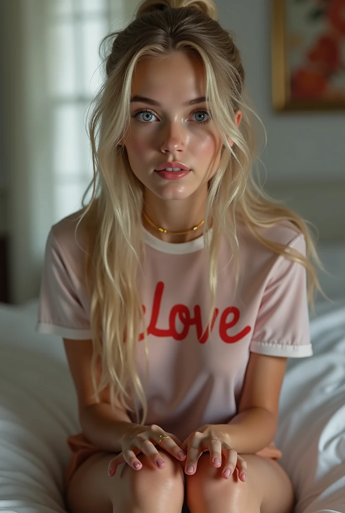 Blonde hair, greenish blue eyes, white T-shirt with a heart