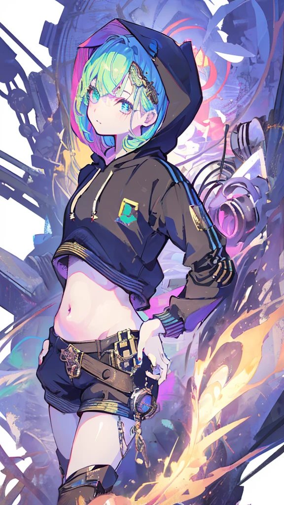 (masterpiece,  best quality:1.6), Alone, Thick outline, (pastel,  simple background, bright solid background , Monochrome,  Steampunk Costume:1.2),  Official Art,  key visual , 8k,   disorganized , whole body, (Unique Hair,  oversized hoodie ,  hotpants, Arched back, Short torso:1.2), belly button, Thighs, gear,  high definition ,  sharp concentration,  high definition ,  most detailed,  Very detailed,  super detailed, finely,  Detailed Eyes and Faces ,  sharp pupils, Realistic student, Alone,  green and white contrast, Alone,  Put Your Hand in Your Pocket、 boys、Clear contours、Damuwei people、