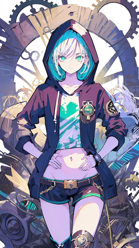 (masterpiece,  best quality:1.6), Alone, Thick outline, (pastel,  simple background, bright solid background , Monochrome,  Steampunk Costume:1.2),  Official Art,  key visual , 8k,   disorganized , whole body, (Unique Hair,  oversized hoodie ,  hotpants, Arched back, Short torso:1.2), belly button, Thighs, gear,  high definition ,  sharp concentration,  high definition ,  most detailed,  Very detailed,  super detailed, finely,  Detailed Eyes and Faces ,  sharp pupils, Realistic student, Alone,  green and white contrast, Alone,  Put Your Hand in Your Pocket、 boys、Clear contours、Damuwei people、