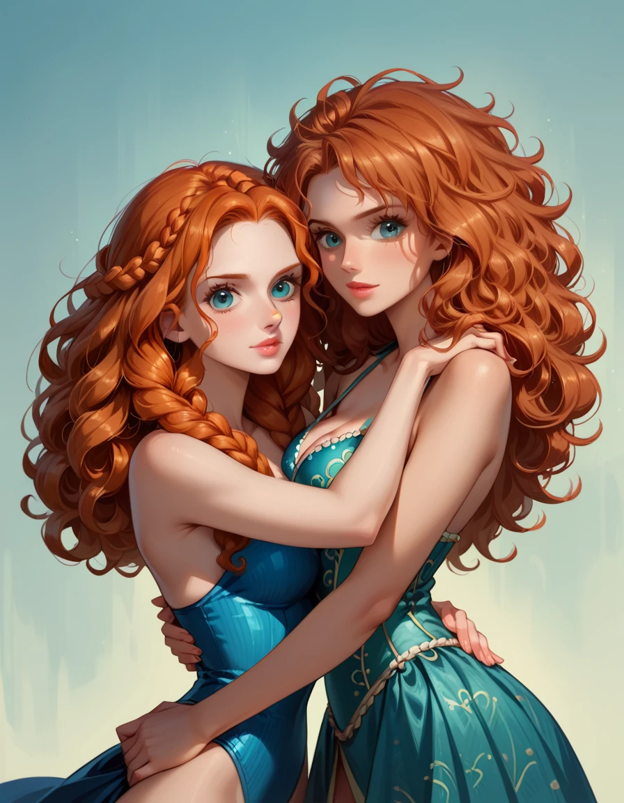 score_9, score_8_up, score_7_up, score_6_up, rating_questionable, 2girls, duo, beautiful waifu, (Disney's Merida, redhead, curly hair:1.3), (Disney's Anna, brown hair, braided pigtails:1.2), embracing, wearing (beautiful one piece swimsuits:1.1), eyes half-closed, filled lips, thick lips, detailed eyes, detailed face, dimly lit, perfect hands, (Hand, detailed, perfect, perfection, hands:1.2), perfect proportions, simple background, (cowboy shot:1.4).