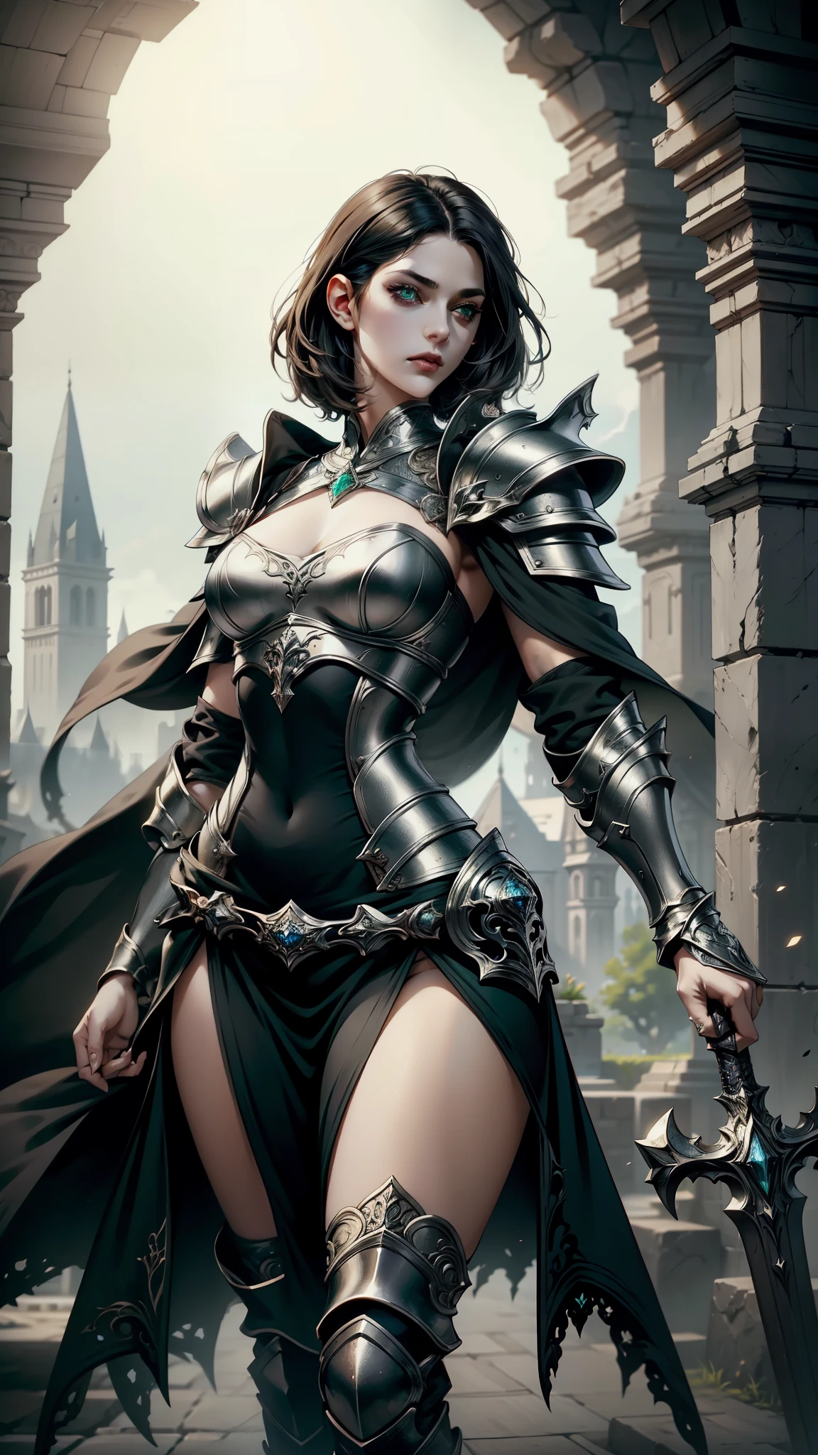 1girl, weapon, sword, jewelry, earrings, black_hair, breasts, solo, gloves, holding_weapon, holding_sword, medium_breasts