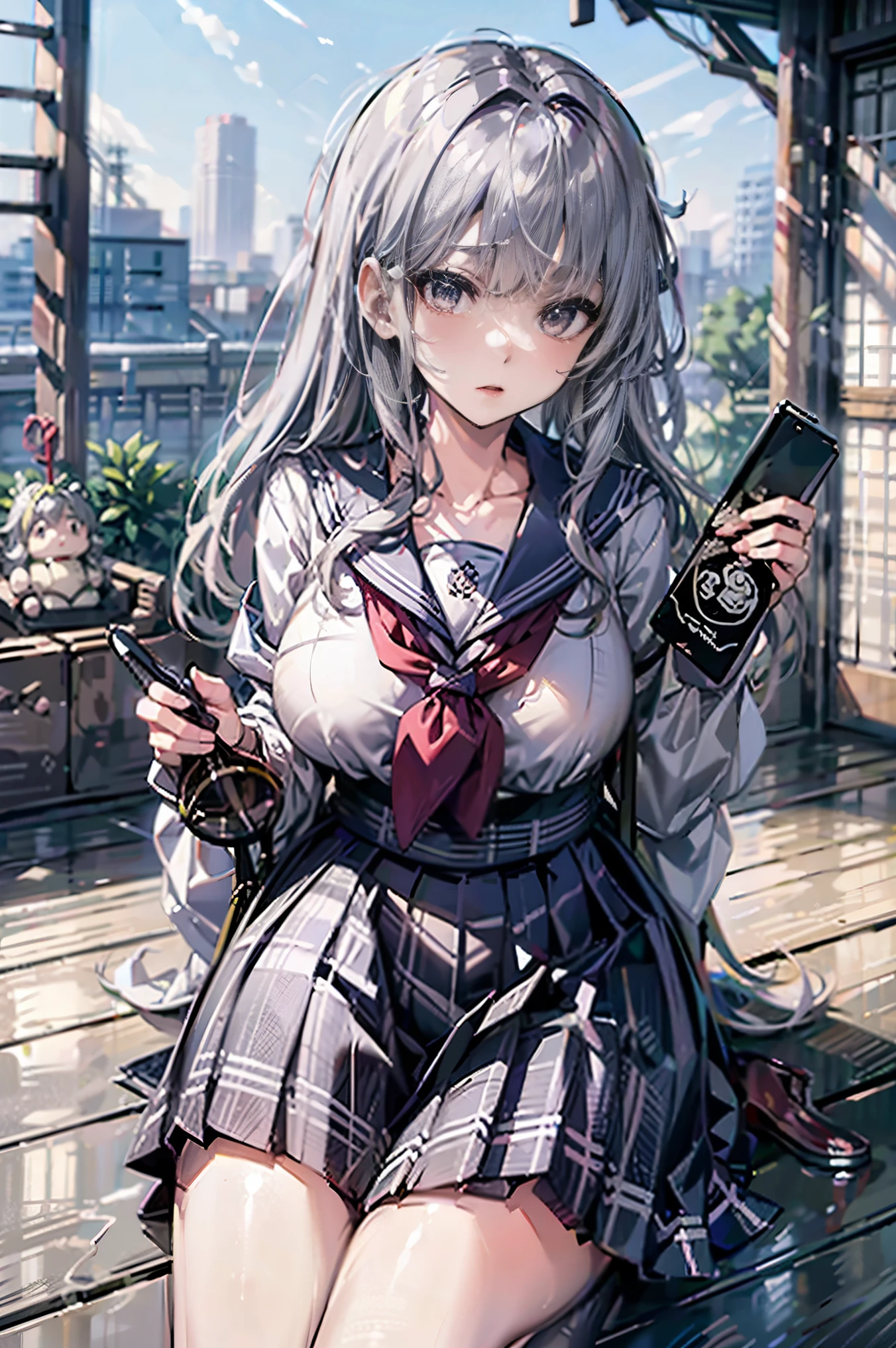 Japanese、Model、Big Breasts、Gray Hair、 long hair、 school uniform、 shows shoulders、 cleavage visible