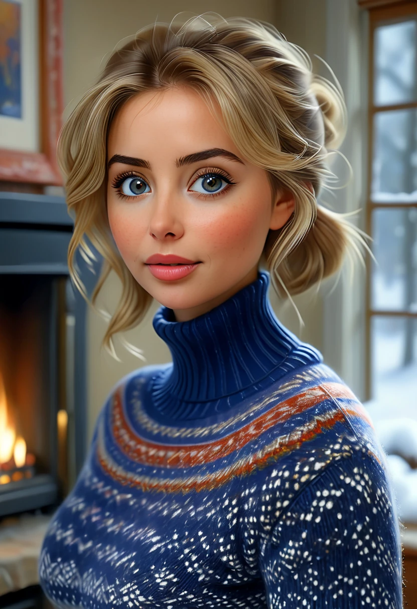 A Nubile, Sultry And Alluring needy Woman Who Is Stting In Front Of A Stone Fireplace Wearing A Tight Cozy Navy Blue Knitted Sweater. B-Cup. cleavage. cute pose. A Cute Skirt With Leggings The Scene Is Cosy And Hygge. Snowing Outside. The Medium Used To Depict This Artwork Is Oil Painting, Ensuring A High-Quality And Detailed Result. The Painting Style Is Realistic And Photorealistic, With Vivid Colors And Sharp Focus. The Overall Lighting Is Well-Balanced, Illuminating The Scene Beautifully. Stunningly beautiful merge of Ana De Armas and Traylor Howard . symmetrical face, photorealistic, photography, path tracing
