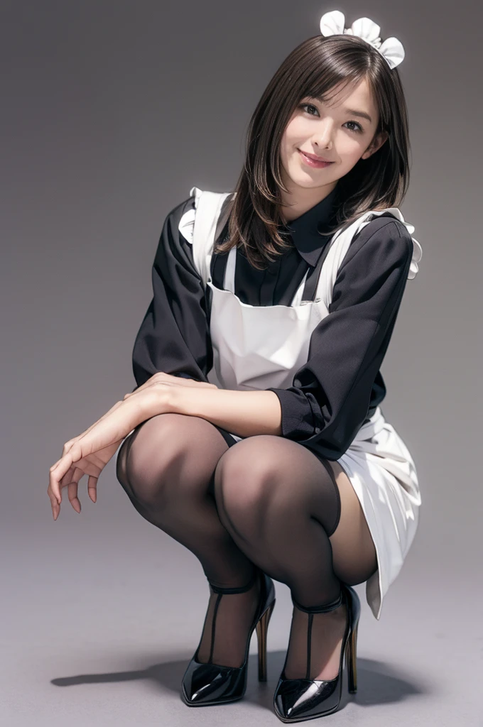 Bunny girl in maid outfit:1.5,wear black tights:1.5,The best smile:1.5,Full Body Shot:1.5,Gray background:1.5,Wearing black high heels:1.5,squat:1.5