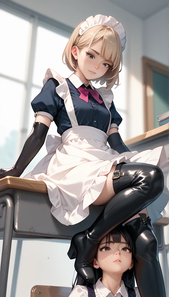 Anime Women, Maid sitting at desk, thigh boots, elbow gloves, raised leg, Stomping of feet on face, step on face, looking down, throw