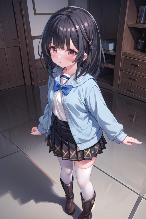 (masterpiece, best quality), highly detailed background, perfect lightingbest quality,1girl, vikalahu  ,medium hair,  hair ornament, long sleeves , school uniform, (white stockings) , blue bow, black_hair ,black skirt , brown boots,sad, blush ,solo ,standing