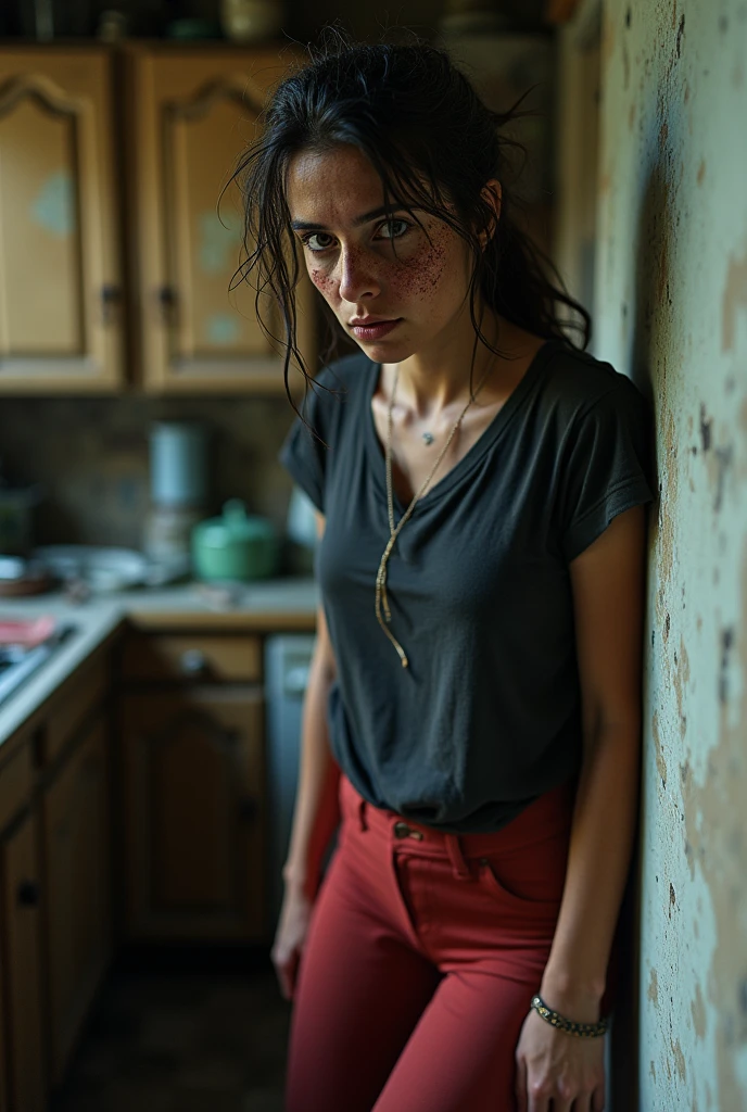 Scandinavian kitchen with tiled walls, pensive woman, color teal and yellow, pale color, far angle shot, Elina Brotherus photography style, perfect composition, beautiful detailed intricate insanely detailed octane render trending on artstation, 8 k artistic photography, photorealistic concept art, soft natural volumetric cinematic perfect light, chiaroscuro, award - winning photograph, masterpiece, oil on canvas, raphael, caravaggio, greg rutkowski, beeple, beksinski, giger