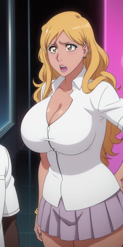 Orihime Inoue,Bleach artstyle,Big breast,Enchanted big breast,Thick lips,Circle piercing in lips,((((White shirt school uniform)))),Cleavage,(((short gray skirt)))Curvy figure,Plump,Hoopa bracelet,Long nail,Side burn visible,look at viewer,(((yellow blond color hair))),((head facing front)),High quality,Highres,Humongous big breast,visible ear,Big cleavage,light blush,((Stud earring)),((A lot of piercing)),((black Chocker)),Hyper Detail,((dark colored Skin)),((tanned Gyaru)),Crossing arm,Messy hair,Detailed lips,Colorless lips,puckered smile,unbuttoned collar shirt,mono color hair,((long wavy curly hair)),See throught leopard print bra,Half eyes open,Solo,1girl,light blush,Glossy lips,((Himecut bang hair)),flirty,Enchanted big breast,open mouth