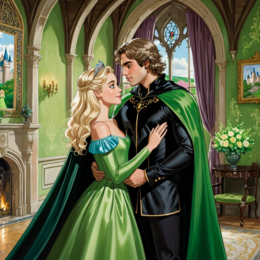 Lily Collins, who has curly black hair, wears a medieval dress. the Neels Visser wears a medieval military outfit and has blonde hair. The couple is waltzing in the ballroom. The illustration is like a book cover with a detailed, bright, illuminated, ultra detailed background, conceptual art, elegant, art by Citemer Liu
