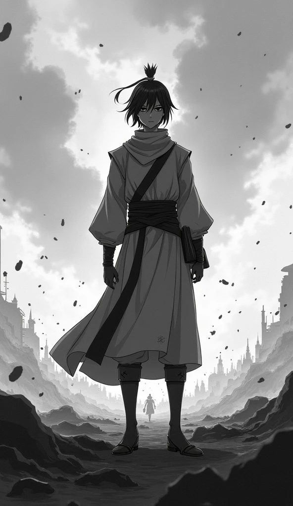 The character pauses to take a breath, their face calm and confident, while the battlefield rages in the distance. Their posture is upright, symbolizing preserved energy. The background is softly detailed in black and white, emphasizing control.anime style