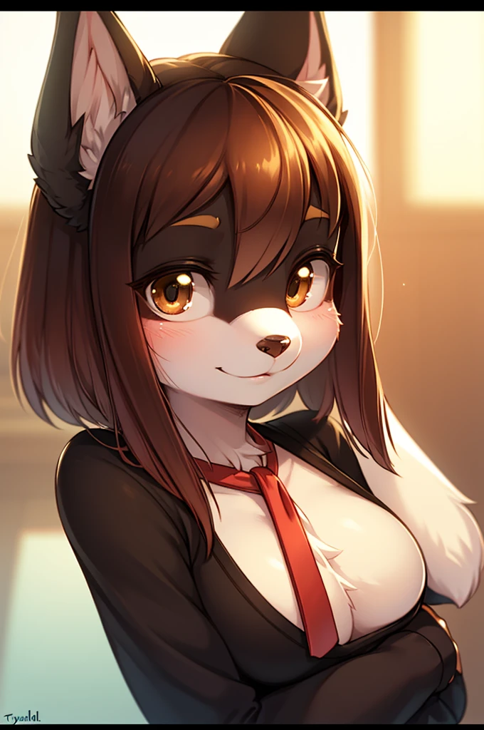((masterpiece, best quality)), (anthro furry:1.3, muzzle:1.2, anthro:1.3, furry:1.2, closeup:1.2, female solo:1.2, neckline, leaning forward, smile, red), no blouse, sweatpants,transparent blouse