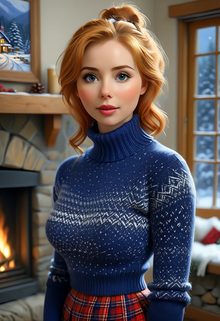 A Nubile, Sultry And Alluring needy Woman Who Is Stting In Front Of A Stone Fireplace Wearing A Tight Cozy Navy Blue Knitted Sweater. B-Cup. cleavage. cute pose. A Cute Skirt With Leggings The Scene Is Cosy And Hygge. Snowing Outside. The Medium Used To Depict This Artwork Is Oil Painting, Ensuring A High-Quality And Detailed Result. The Painting Style Is Realistic And Photorealistic, With Vivid Colors And Sharp Focus. The Overall Lighting Is Well-Balanced, Illuminating The Scene Beautifully. Stunningly beautiful merge of Molly Quinn and Traylor Howard . symmetrical face, photorealistic, photography, path tracing
