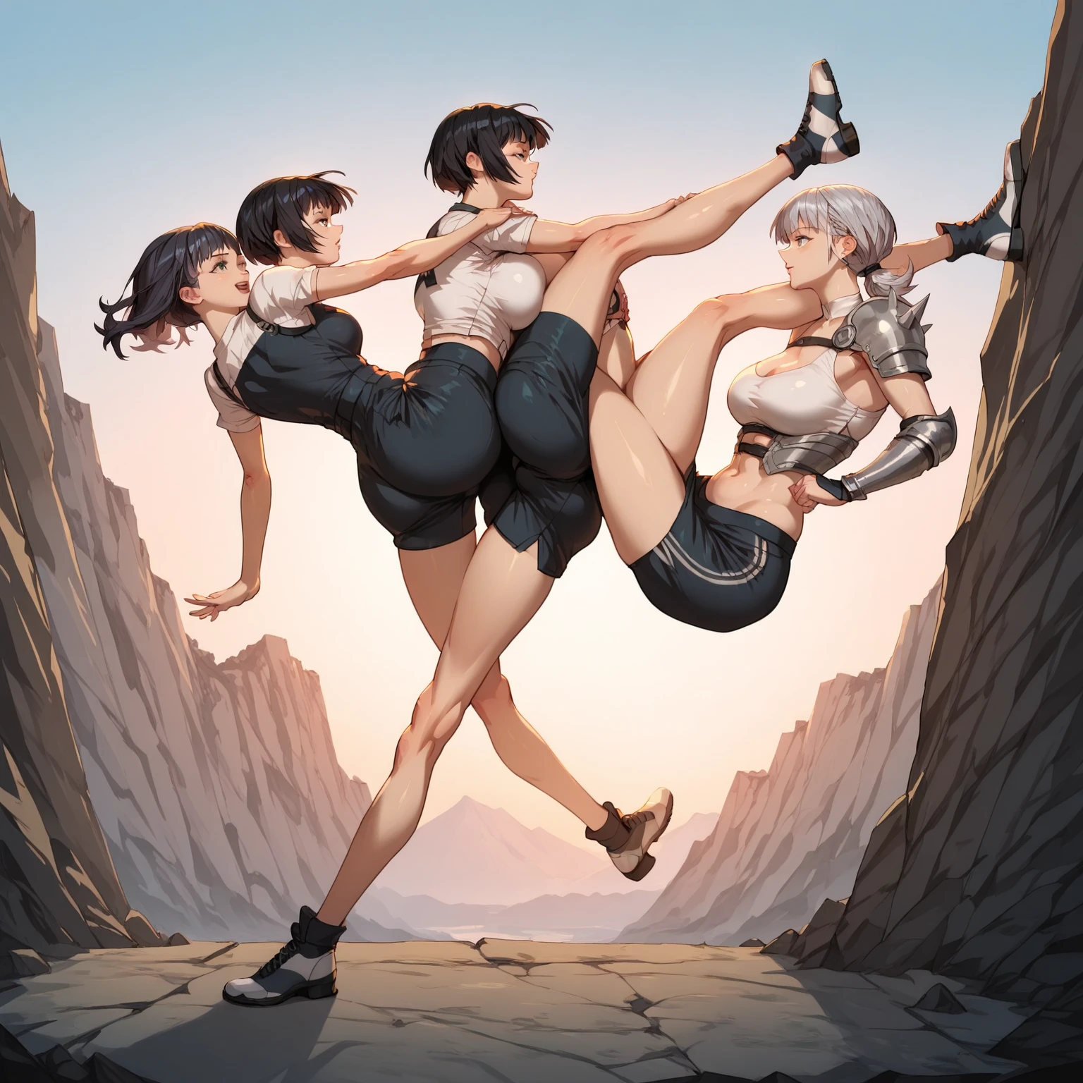 (best quality),(high resolution),sunset sky,cliffside view,from side,full body,zoom out,(Symmetry),((2 girls)),mobile trace suit, shoulder armor,(Symmetrical and high kicking),big breasts,petite frame,short hight,Accurate anatomy,BREAK,black hair,bob cut,BREAK,silver hair,ponytail