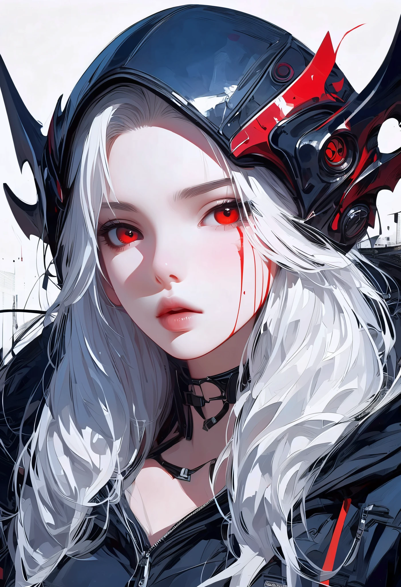 tmasterpiece,Close-up of a woman with blood red eyes,Red and black gradient hair,Confused pupils,style of junji ito,Morbid style,Shy,Stitch marks on the face,Black and white clothes,with red and black background,Highest image quality,fearsome,8K