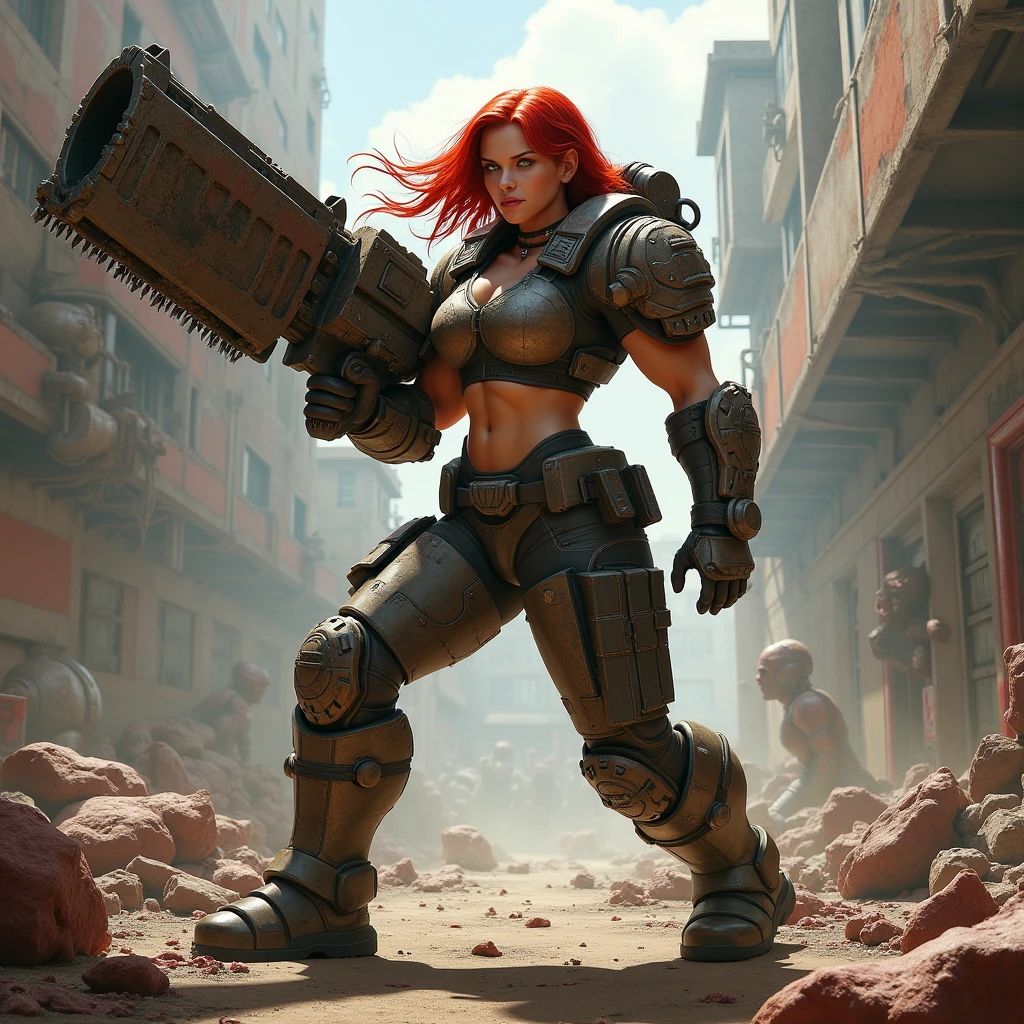 Wasteland punk, intersex lighting, ak47, gas mask, long red hair, tattoos, big breasts, long legs, muscular woman, hips, open thighs, delicate picture quality.