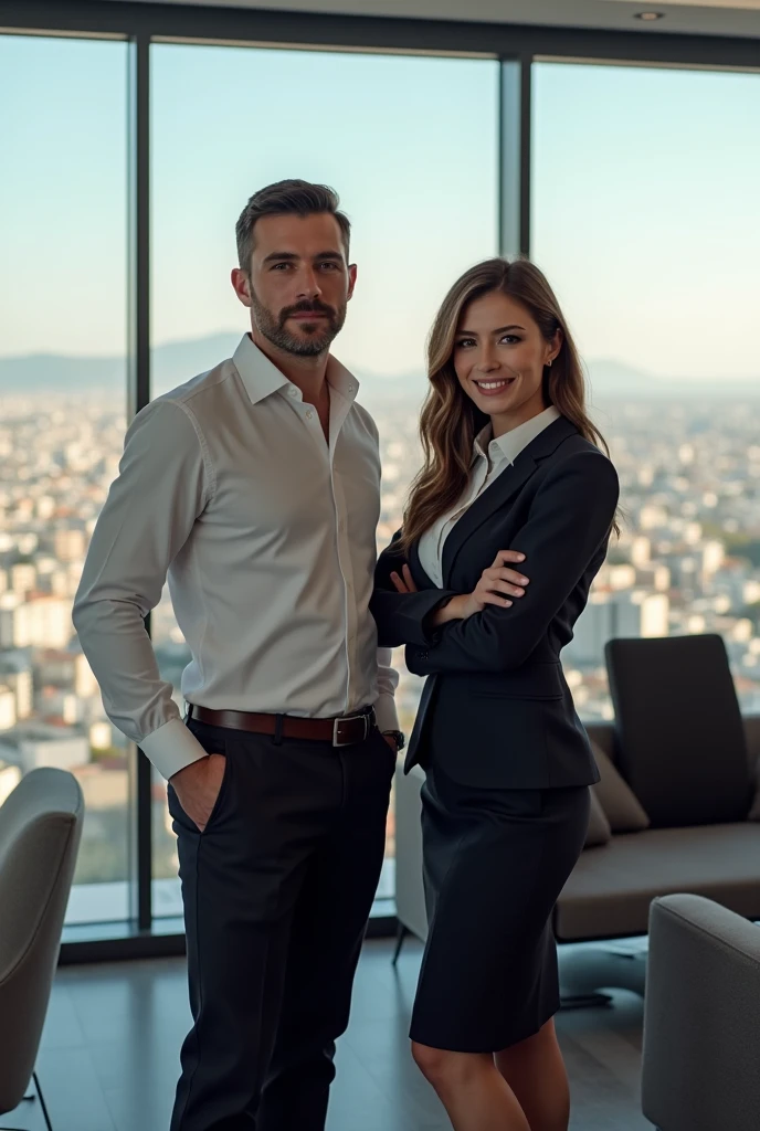 Boss, 30 years old and secretary, brown hair, eyes contact, office, panorama Athens, High Resolution, 