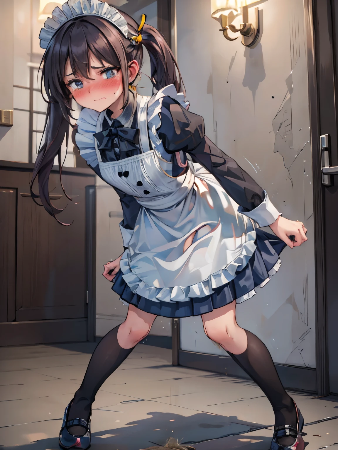 (8K, ultra-detailed, best quality, anatomically perfect body:2), (middle breast:1.2), shiny skin, (1 girl), (have to pee), (urge to pee), (very desperate to pee), (girl rushing to the restroom in a hurry:1.5), (Standing on tiptoe:1.4), (fidget:2), (transparent peeing, wetting self:0.1), pee puddles, (Victorian maid:1.3), (mary Jane shoes:1.3), (leaning forward:1.3), (shrugs:1.6), (orgasm:1.1), (full face blush:1.7), (embarrassment:1.6), (impatience:1.7), (flustered:1.5), (flowing sweat:0.7), (twist whole body:1.6), (panting), breathless, (Humiliation), (Erotic feelings), (closed eyes:0.9), (looking down), (tear:1.4), (head tilt:1.2), (wavy mouth:0.7), (SIGMA 105 mm F/2.8, 1/100 sec shutter, award-winning), nsfw,