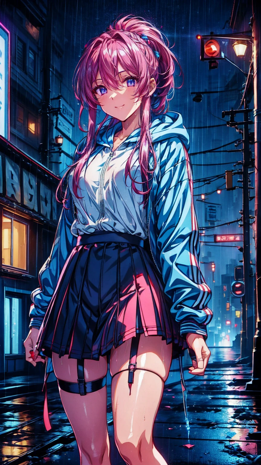 8k，masterpiece， best quality， Hyperdetailing ，Realistically，Realistically， very detailed face in light blue underwear， Movie Lighting， Movie Lighting，，Hair without lighting ，  cloudy street ，Corner Store，Stairs stop ， torrential rain and heavy rain ，  girl with long pink hair and dark eyes ，smile， she's wearing a red hooded jacket， hooded ，white blouse ， black short skirt and black garter belt ， Martin shoes ，Rain-soaked clothes， black exposure ， outdoor deep tent  ，
