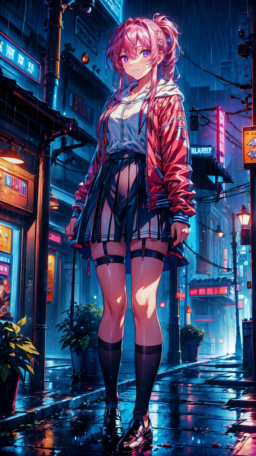 8k，masterpiece， best quality， Hyperdetailing ，Realistically，Realistically， very detailed face in light blue underwear， Movie Lighting， Movie Lighting，，Hair without lighting ，  cloudy street ，Corner Store，Stairs stop ， torrential rain and heavy rain ，  girl with long pink hair and dark eyes ，smile， she's wearing a red hooded jacket， hooded ，white blouse ， black short skirt and black garter belt ， Martin shoes ，Rain-soaked clothes， black exposure ， outdoor deep tent  ，
