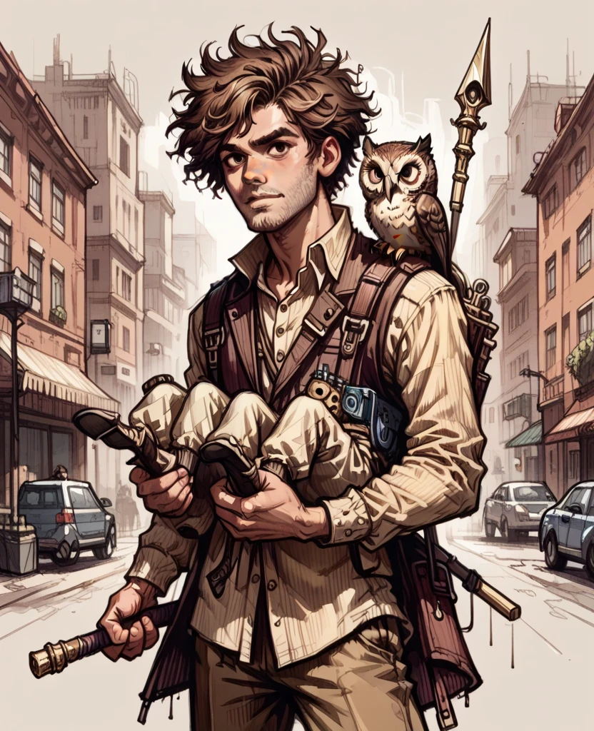 Young with a medium build in the style of Arcane, with an intermediate skin tone and unshaven, messy mullet hair. Brown eyes. He would wear a mix of outfits: technological attire with elegant details, blending Jayce's hextech sophistication with Ekko's urban, rebellious vibe. He would carry a hybrid weapon, such as a transformable staff incorporating hextech technology. His gaze would be flirtatious, and he’d wear a beige and gold owl mask similar to Ekko’s.
