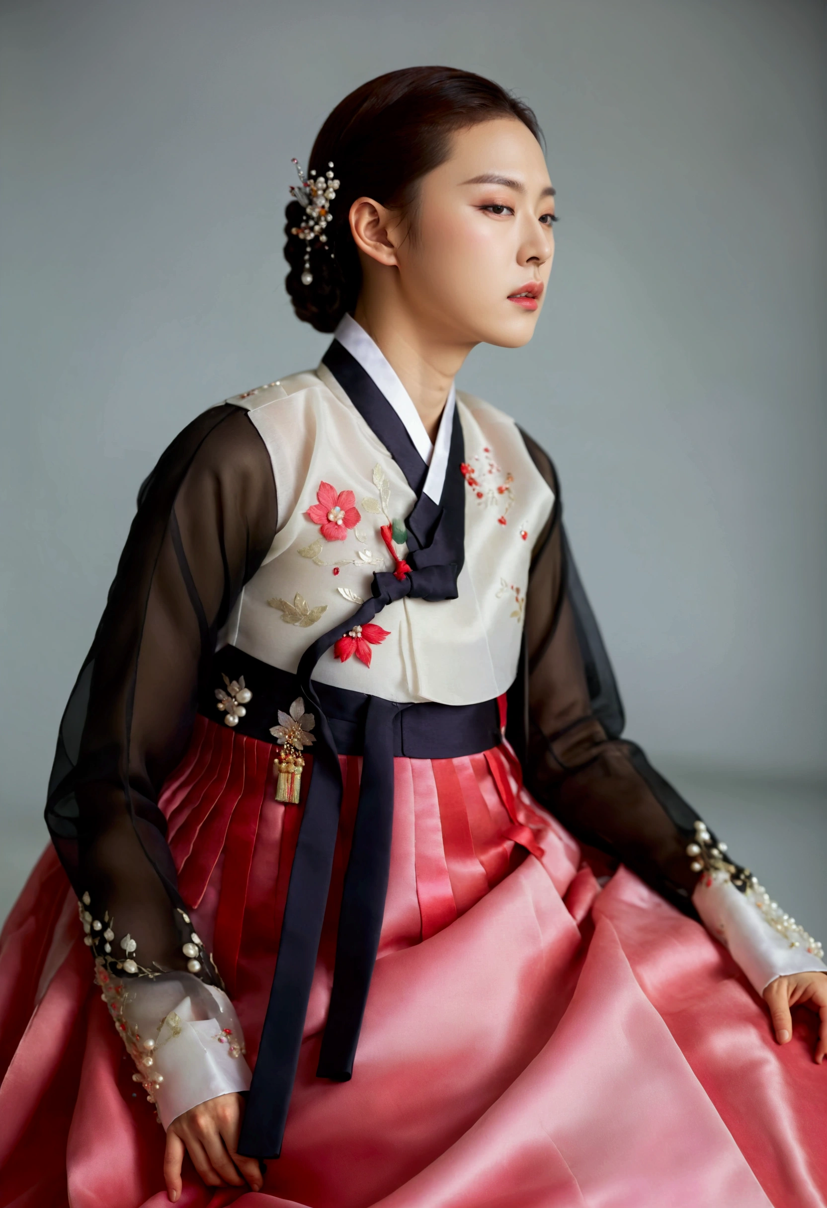  Korean male wearing hanbok ,  hello crossdresser ,  His face and hairstyle are very masculine, Pearl , Hanbok dress costume for middle-aged women, women's breasts,  red and black,  slim female body , Sexy see-through jacket , Satin , Slightly side , Full body photo,  sit quietly 