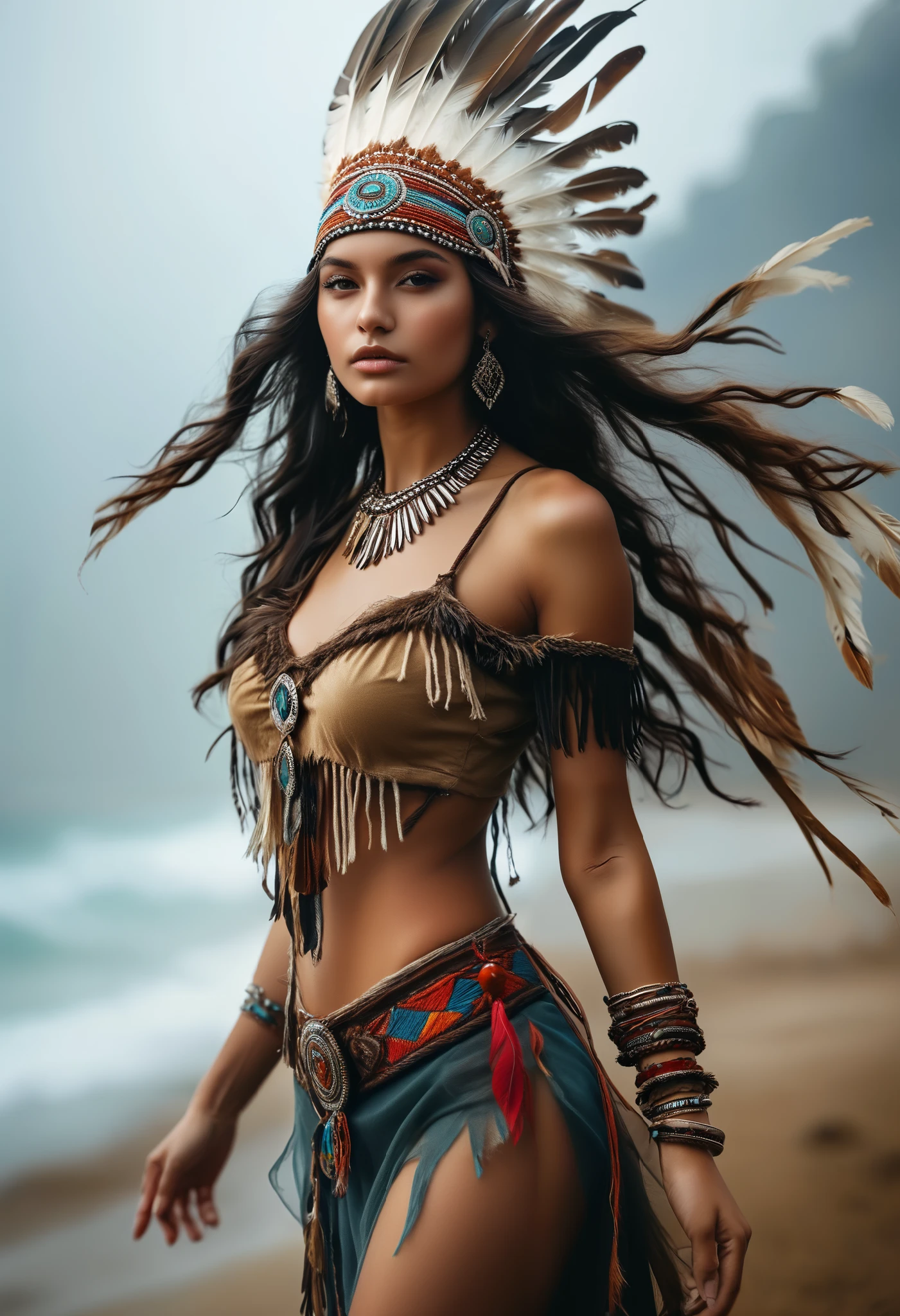 score_9, score_8_up, score_7_up, score_6_up, score_5_up, score_4_up,(best quality,4K,8k, high res icon,masterpiece:1.2), ultra-detailed, hi res, (super realistic:1.37), super photo real, Dancing Poses, 1 extraordinary Beautiful Native American Woman in a Gorgeous Embroidered Leather Poncho , Flowing tulle, Feather Hair Ornament , War Cap, tattoo, Brown Skin, Indian Jewelry, Native American Pattern , Clear, Long, Colorful Hubert on Arms , Belly button ribbon, Shoulder , head, Arm Ring Ribbon, wreath, Bracelets, anklet, Metal Chain on Waist , Sun God Background, Ink painting, Popular CG station, masterpiece, Recent quality, High-resolution details, 32K