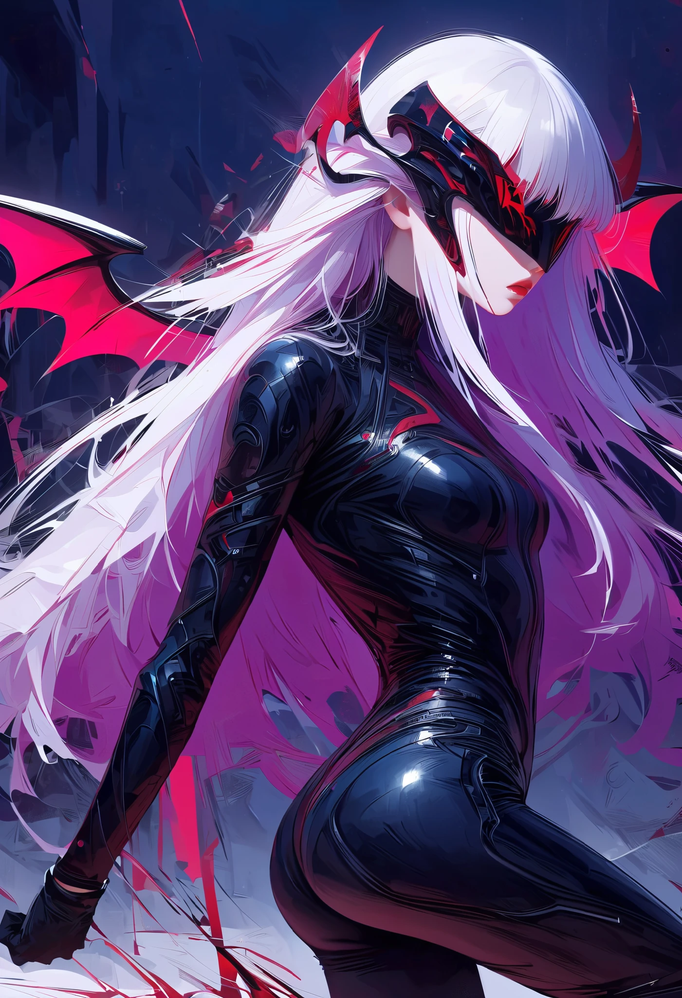 masterpiece, best quality, 8K, number, 1 girl, alone, stand up, youth, white hair, long white hair, hair accessories, Red eyes, round pupils, Emotionless expression, Blood stained mechanical parts, electric wire, cable, failure effect, scary, Science fiction, futuristic, The background inside is darker, neon lights, cyberpunk characters, surreal, Strange, Disturbing, spine-chilling, scary, Rompers,Red eyes,Venom Possession,blackened,Long black gloves,Jumpsuits,Tight latex jumpsuit,Highlight her graceful figure,将整个身体包裹stand up,symbiont,((Raised sexy)),Rompers,Red eyes,Venom Possession,blackened,Long black gloves,Jumpsuits,Black latex clothing,Blood-Red eyes,best quality, High resolution, super detailed, Vivid textures, mask, Tight latex jumpsuit, Bangs,purple hair, blue eyes