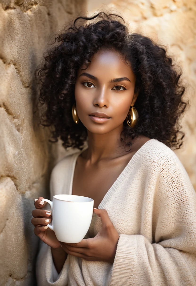 Create a high-resolution image of an African woman with deep brown skin, holding a white ceramic mug in a relaxed, cozy pose. She has natural curly or coily black hair that falls around her shoulders and wears minimal, natural makeup. Her expression is calm and serene. She is dressed in a thick, cream-colored knit sweater, sitting against a textured stone wall background with warm sunlight highlighting her face and casting gentle shadows. Her fingers are adorned with elegant gold rings, and her nails are neatly manicured. The overall tone should feel warm, inviting, and comfortable, emphasizing natural beauty and a tranquil moment.