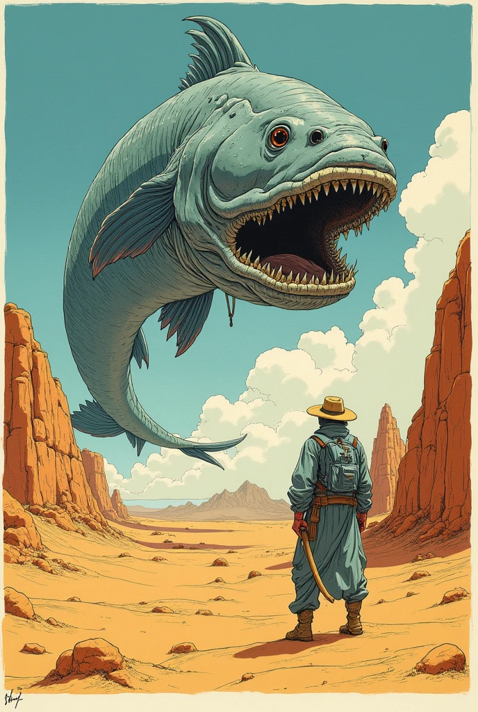 Ink painting of a traveler caught by a giant fish monster flying through the desert、Moebius and mohrbacher, by jean Moebius giraud, ( Moebius ), Moebius illustration art, inspired by jean Moebius giraud, Moebius art, Moebius著, comic book artist Moebius, Moebius artwork, Moebius, style of jean giraud Moebius